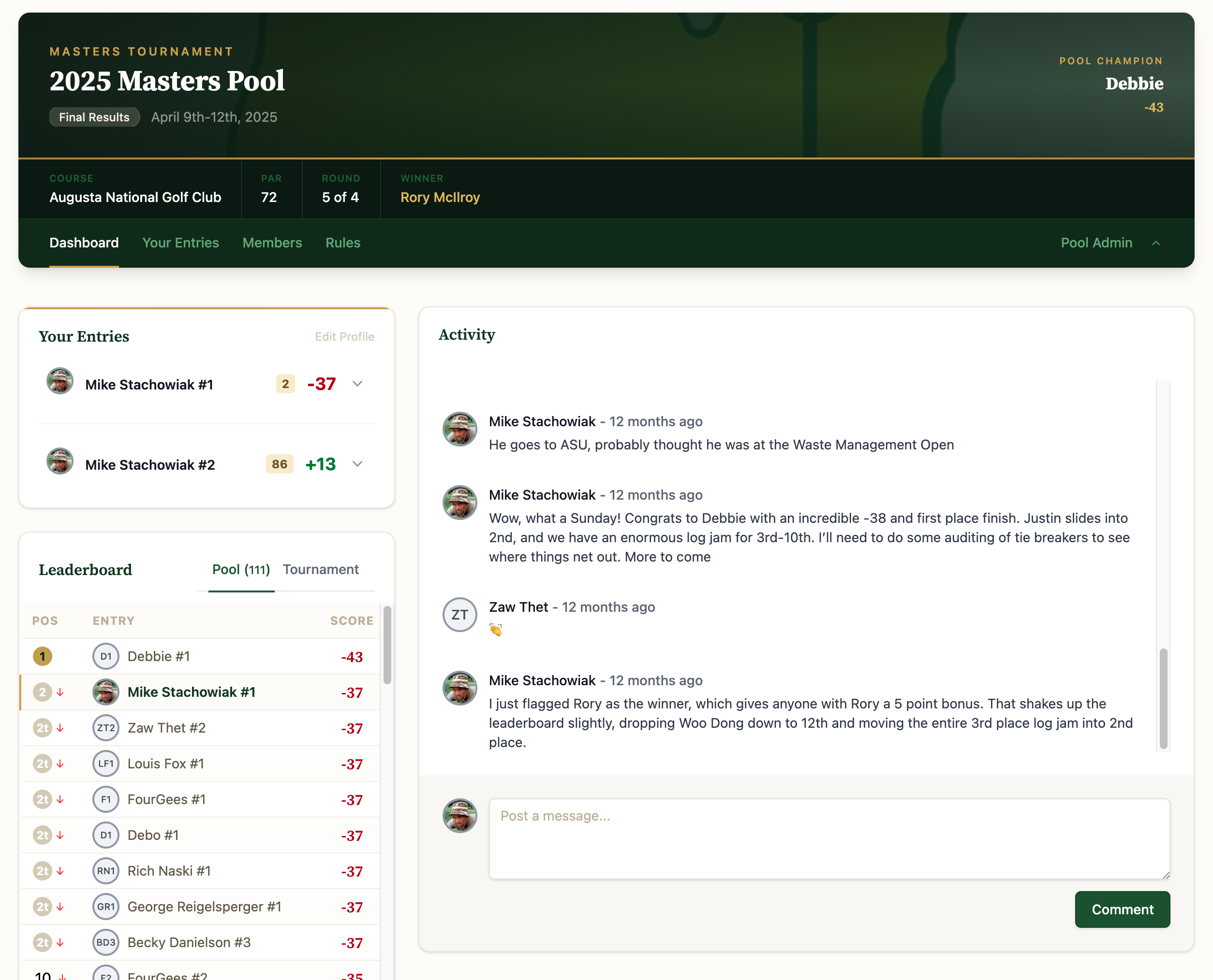 MajorsPool dashboard showing entries, leaderboard, and live activity feed