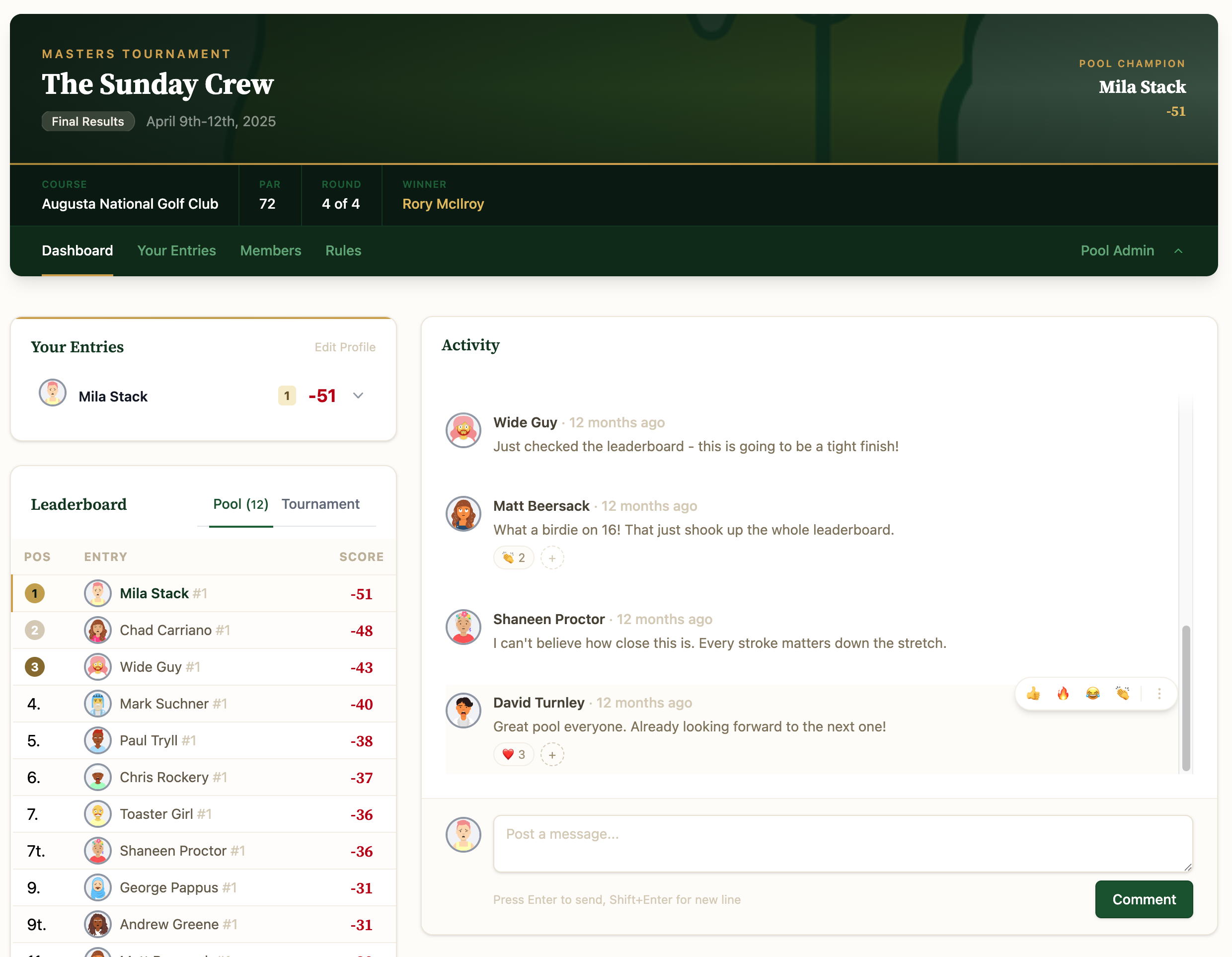 MajorsPool dashboard showing entries, leaderboard, and live activity feed